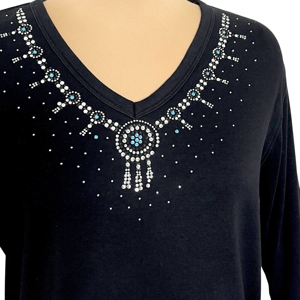 Las Olas Womens Top Medium Cotton Knit Studded Silver Blue Beads Southwestern